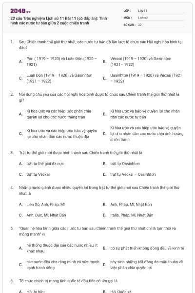 22 câu  Trắc nghiệm Lịch sử 11 Bài 11 (có đáp án): Tình hình các nước tư bản giữa 2 cuộc chiến tranh