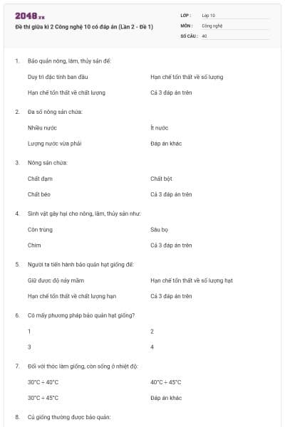 Đề thi giữa kì 2 Công nghệ 10 có đáp án (Lần 2 - Đề 1)