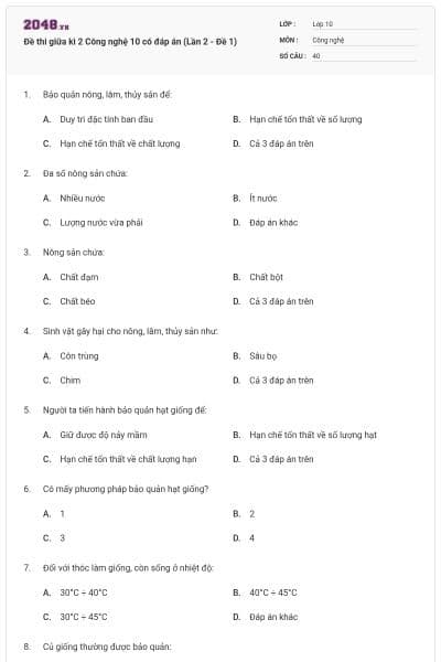 Đề thi giữa kì 2 Công nghệ 10 có đáp án (Lần 2 - Đề 1)