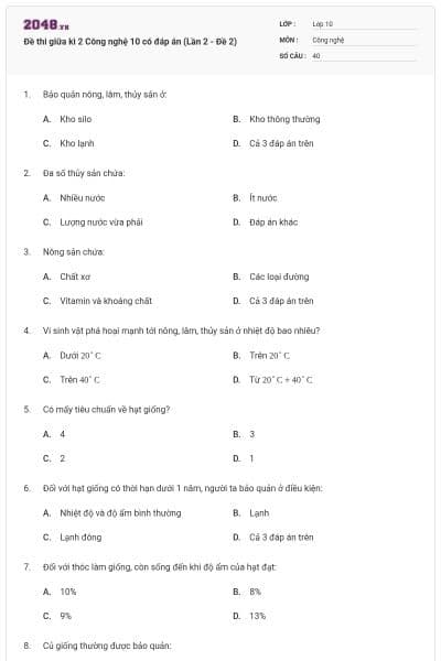 Đề thi giữa kì 2 Công nghệ 10 có đáp án (Lần 2 - Đề 2)