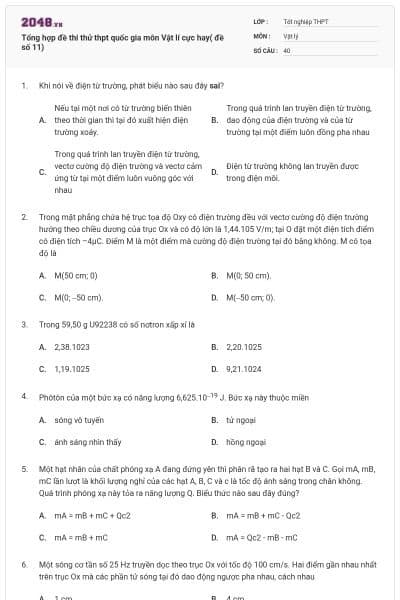 Tổng hợp đề thi thử thpt quốc gia môn Vật lí cực hay( đề số 11)