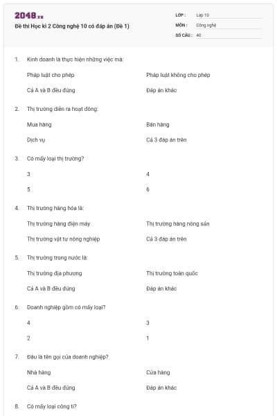 Đề thi Học kì 2 Công nghệ 10 có đáp án (Đề 1)