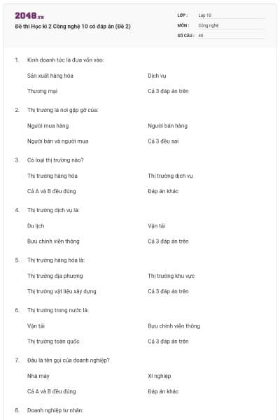 Đề thi Học kì 2 Công nghệ 10 có đáp án (Đề 2)