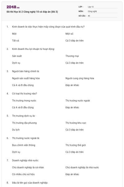 Đề thi Học kì 2 Công nghệ 10 có đáp án (Đề 3)