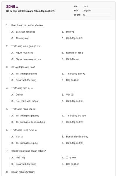 Đề thi Học kì 2 Công nghệ 10 có đáp án (Đề 2)