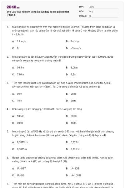 393 Câu trắc nghiệm Sóng cơ cực hay có lời giải chi tiết (Phần 6)