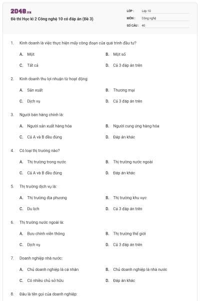 Đề thi Học kì 2 Công nghệ 10 có đáp án (Đề 3)