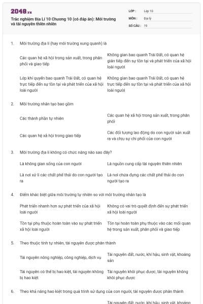 Trắc nghiệm Địa Lí 10 Chương 10 (có đáp án): Môi trường và tài nguyên thiên nhiên