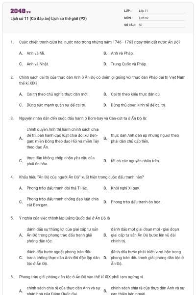 Lịch sử 11 (Có đáp án) Lịch sử thế giới (P2)