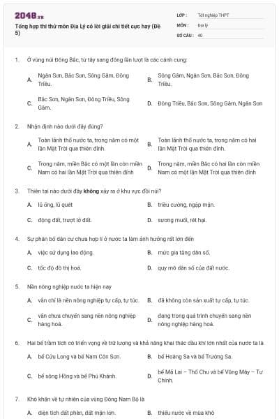 Tổng hợp thi thử môn Địa Lý có lời giải chi tiết cực hay (Đề 5)