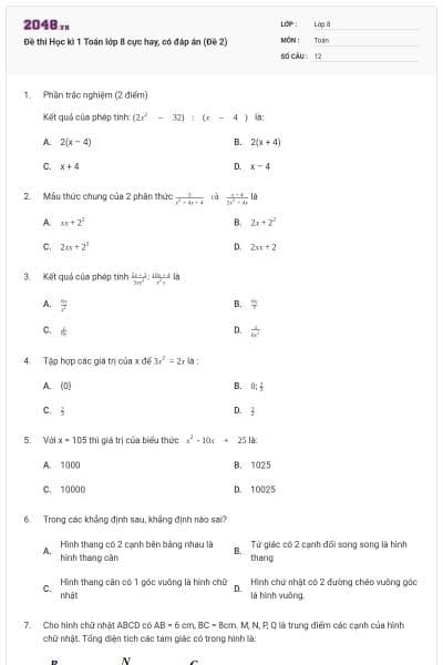Đề thi Học kì 1 Toán lớp 8 cực hay, có đáp án (Đề 2)