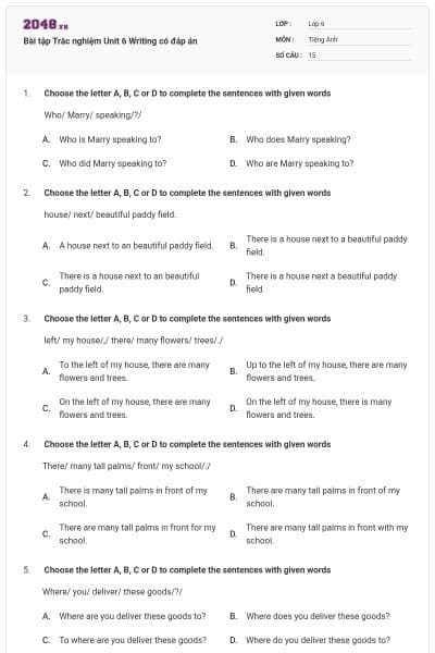 Bài tập Trắc nghiệm Unit 6 Writing có đáp án