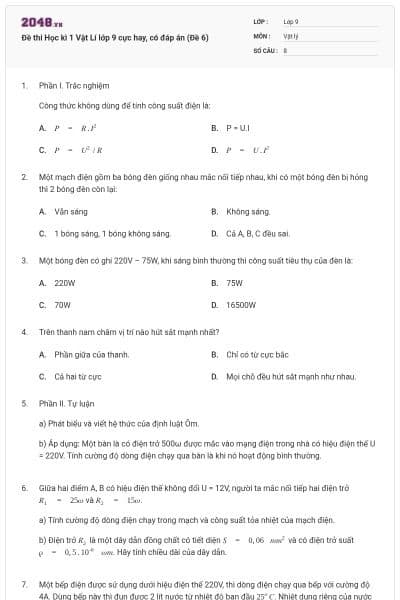 Đề thi Học kì 1 Vật Lí lớp 9 cực hay, có đáp án (Đề 6)