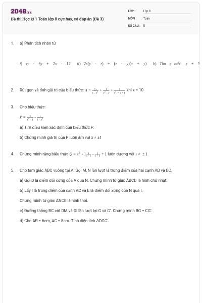 Đề thi Học kì 1 Toán lớp 8 cực hay, có đáp án (Đề 3)