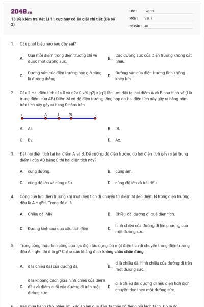 13 Đề kiểm tra Vật Lí 11 cực hay có lời giải chi tiết (Đề số 2)