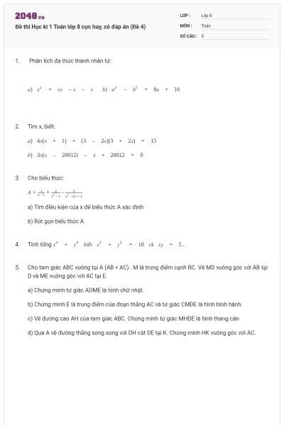 Đề thi Học kì 1 Toán lớp 8 cực hay, có đáp án (Đề 4)