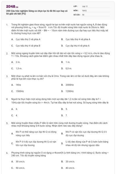 200 Câu trắc nghiệm Sóng cơ chọn lọc từ đề thi cực hay có lời giải chi tiết (P2)