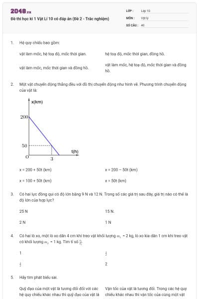 Đề thi học kì 1 Vật Lí 10 có đáp án (Đề 2 - Trắc nghiệm)
