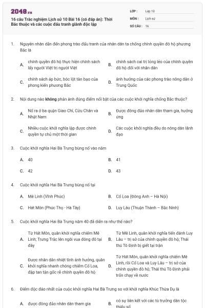 16 câu Trắc nghiệm Lịch sử 10 Bài 16 (có đáp án): Thời Bắc thuộc và các cuộc đấu tranh giành độc lập