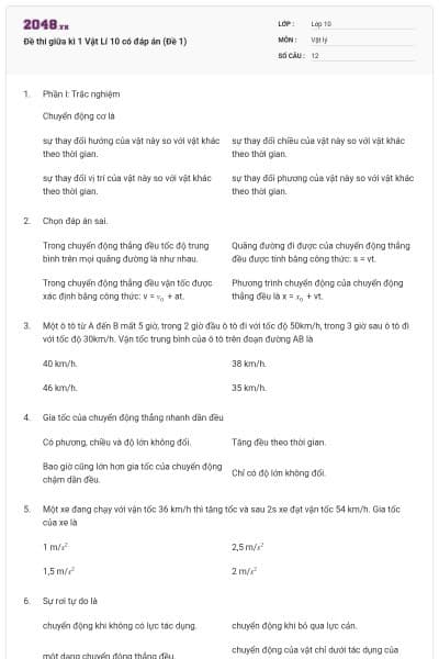 Đề thi giữa kì 1 Vật Lí 10 có đáp án (Đề 1)