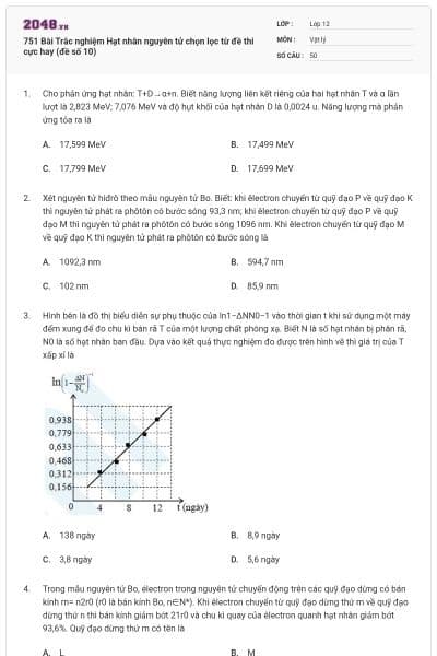 751 Bài Trắc nghiệm Hạt nhân nguyên tử chọn lọc từ đề thi cực hay (đề số 10)