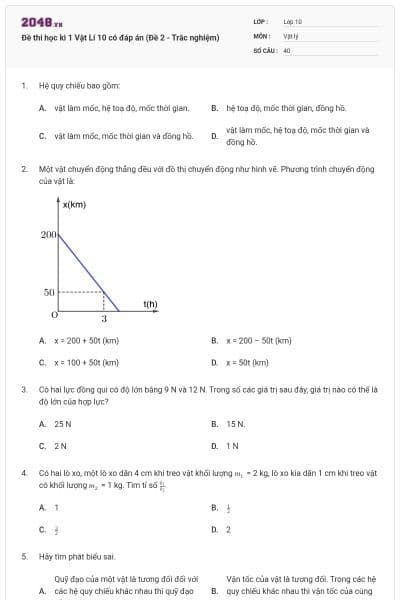 Đề thi học kì 1 Vật Lí 10 có đáp án (Đề 2 - Trắc nghiệm)