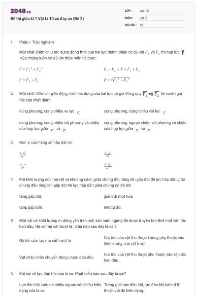 Đề thi giữa kì 1 Vật Lí 10 có đáp án (Đề 2)