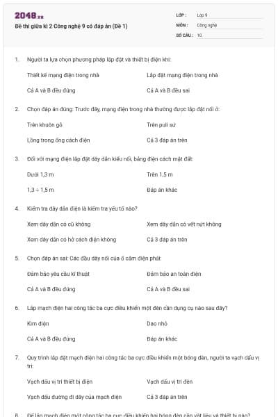 Đề thi giữa kì 2 Công nghệ 9 có đáp án (Đề 1)