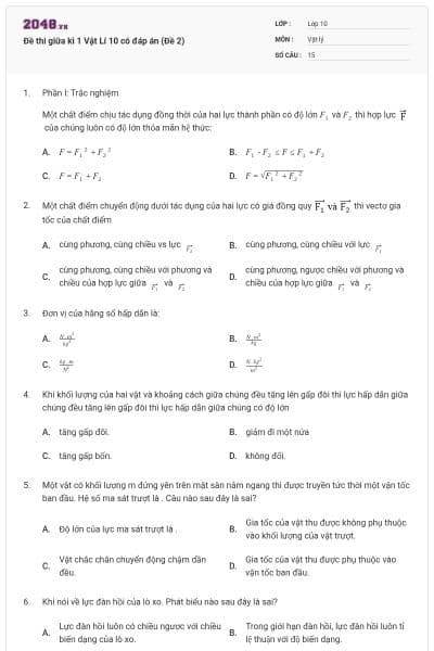 Đề thi giữa kì 1 Vật Lí 10 có đáp án (Đề 2)
