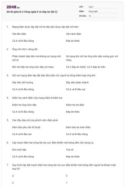 Đề thi giữa kì 2 Công nghệ 9 có đáp án (Đề 2)