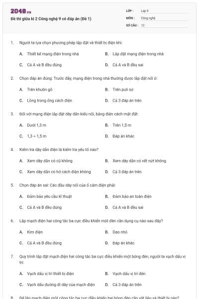 Đề thi giữa kì 2 Công nghệ 9 có đáp án (Đề 1)