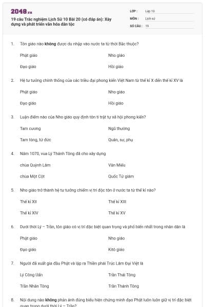 19 câu  Trắc nghiệm Lịch Sử 10 Bài 20 (có đáp án): Xây dựng và phát triển văn hóa dân tộc