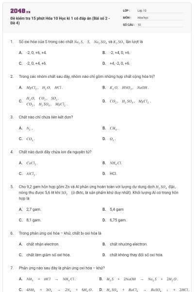 Đề kiểm tra 15 phút Hóa 10 Học kì 1 có đáp án (Bài số 2 - Đề 4)