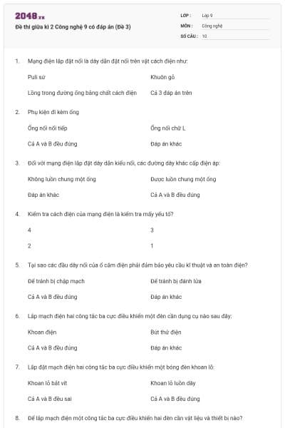 Đề thi giữa kì 2 Công nghệ 9 có đáp án (Đề 3)