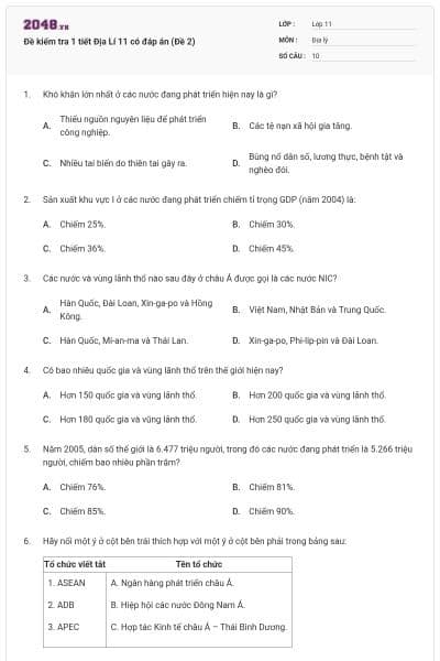 Đề kiểm tra 1 tiết Địa Lí 11 có đáp án (Đề 2)