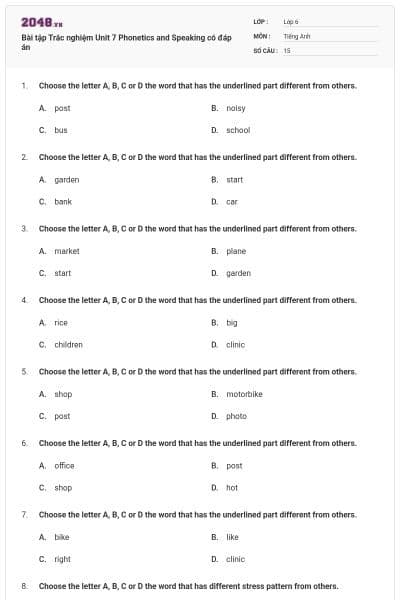 Bài tập Trắc nghiệm Unit 7 Phonetics and Speaking có đáp án