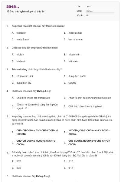 15 Câu trắc nghiệm Lipit có đáp án