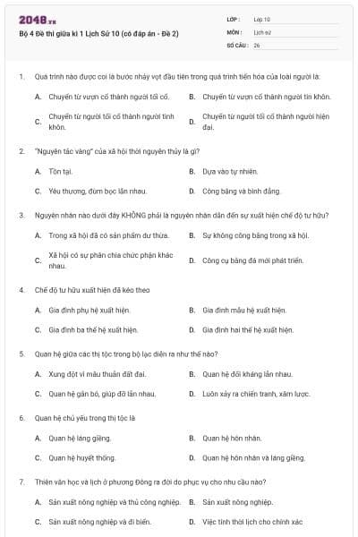 Bộ 4  Đề thi giữa kì 1 Lịch Sử 10 (có đáp án - Đề 2)