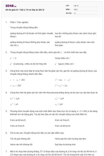 Đề thi giữa kì 1 Vật Lí 10 có đáp án (Đề 3)