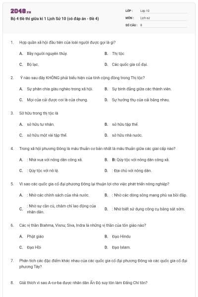 Bộ 4  Đề thi giữa kì 1 Lịch Sử 10 (có đáp án - Đề 4)