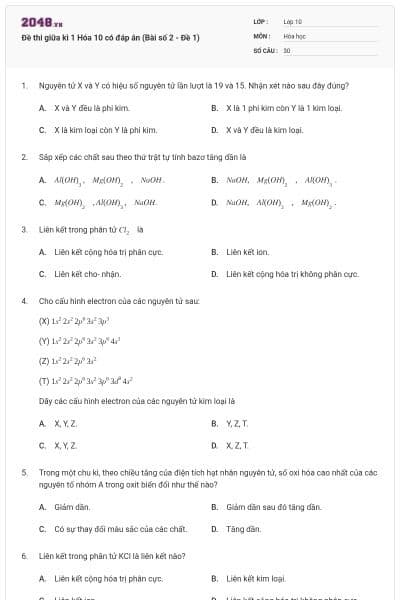 Đề thi giữa kì 1 Hóa 10 có đáp án (Bài số 2 - Đề 1)