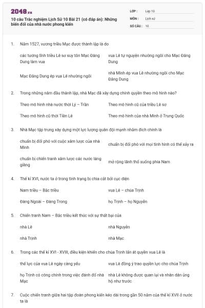 10 câu Trắc nghiệm Lịch Sử 10 Bài 21 (có đáp án): Những biến đổi của nhà nước phong kiến