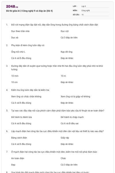 Đề thi giữa kì 2 Công nghệ 9 có đáp án (Đề 4)