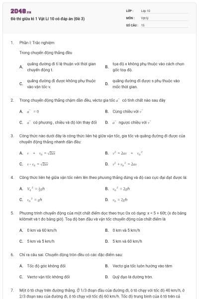 Đề thi giữa kì 1 Vật Lí 10 có đáp án (Đề 3)