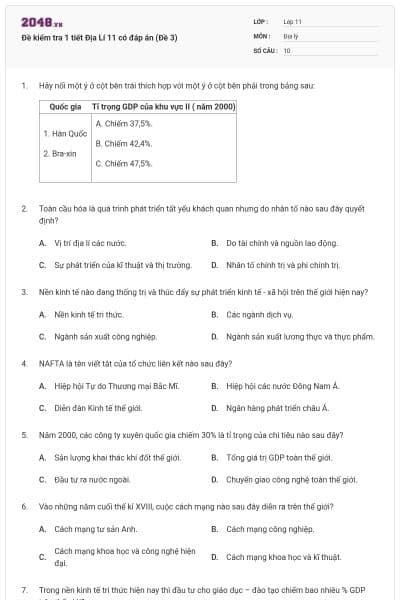 Đề kiểm tra 1 tiết Địa Lí 11 có đáp án (Đề 3)