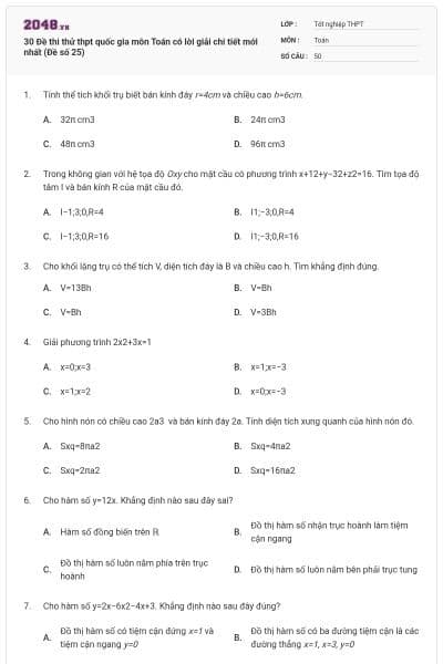 30 Đề thi thử thpt quốc gia môn Toán có lời giải chi tiết mới nhất (Đề số 25)