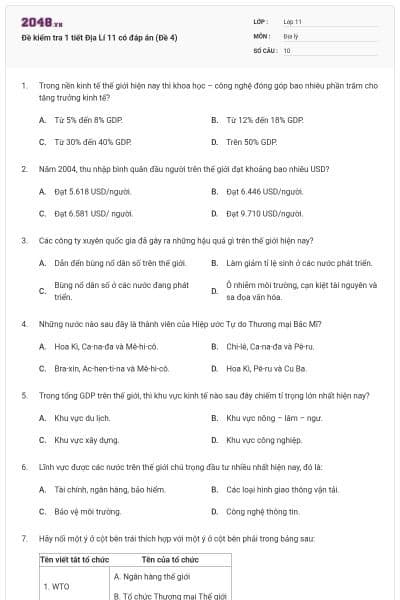 Đề kiểm tra 1 tiết Địa Lí 11 có đáp án (Đề 4)