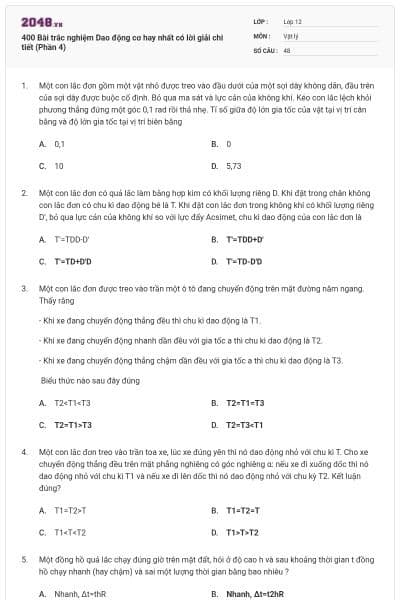 400 Bài trắc nghiệm Dao động cơ hay nhất có lời giải chi tiết (Phần 4)