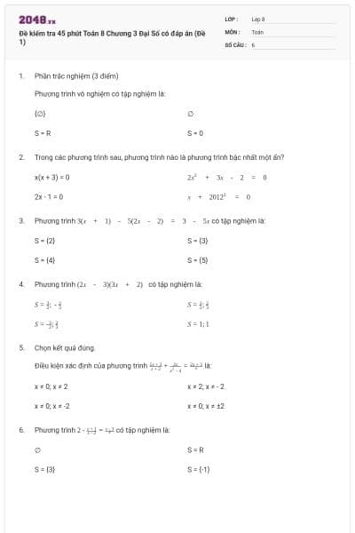 Đề kiểm tra 45 phút Toán 8 Chương 3 Đại Số có đáp án (Đề 1)