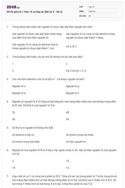Đề thi giữa kì 1 Hóa 10 có đáp án (Bài số 2 - Đề 2)